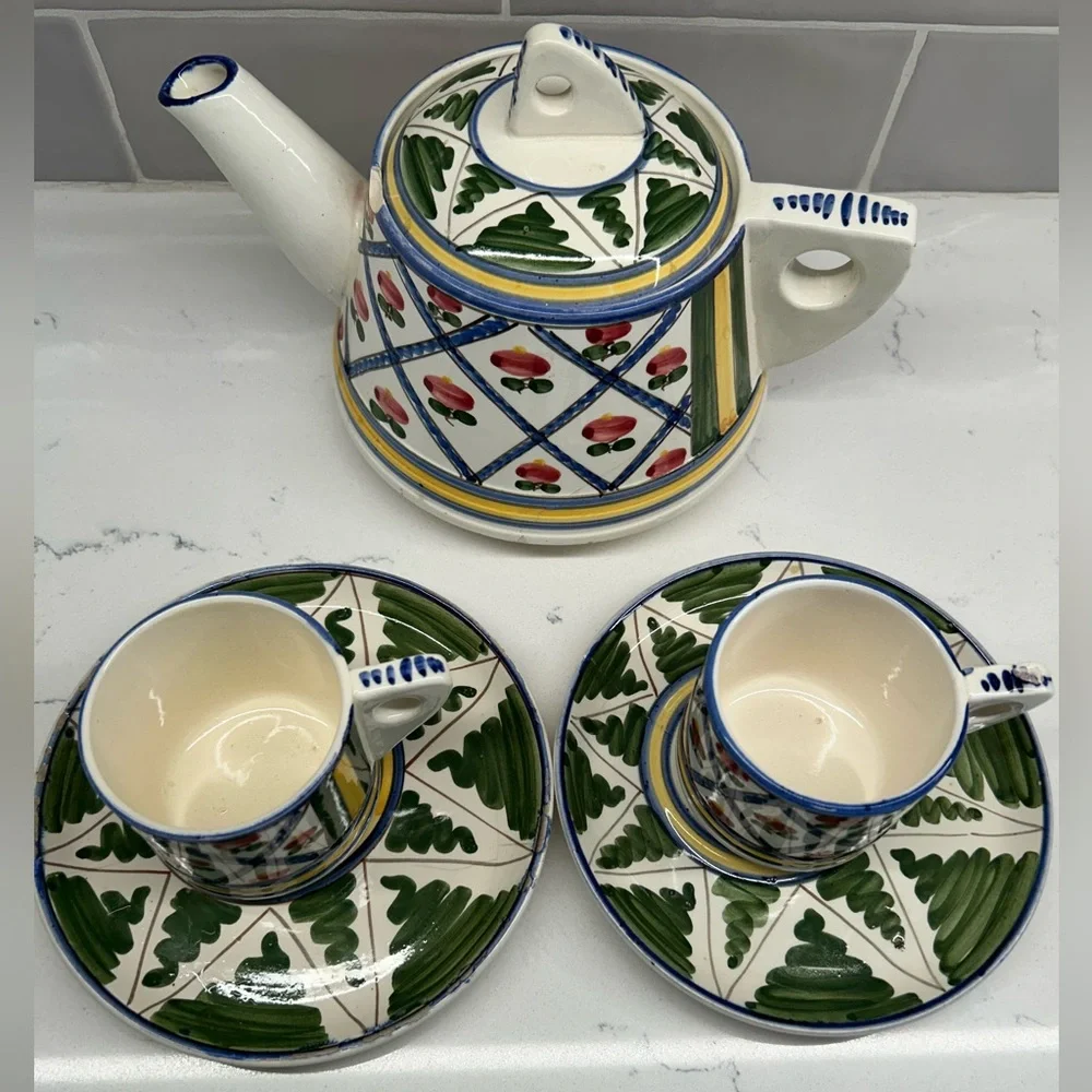 Ceramic Vintage Tea Pot Set w/ Creamer, 2 Cups & Saucers in Green, Red & Yellow
